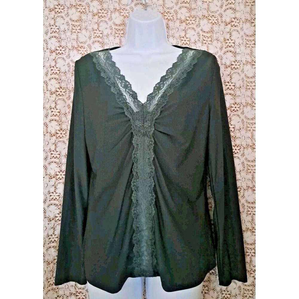 Women's M Long Sleeve Green‎ Y2k Coquette V-neck Lace Trim Tunic Top Unbranded
